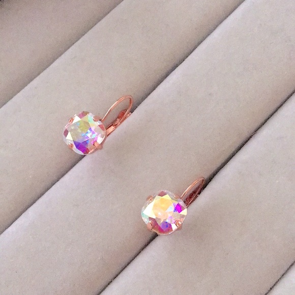 Aurora Borealis + Rose Gold Cushion Cut Crystal Drop Earrings - Picture 4 of 12